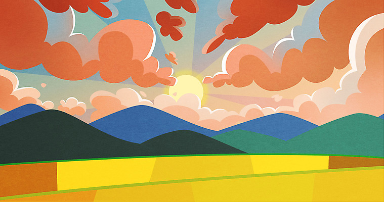 PSD 구름 백그라운드 일러스트 산 사람없음 태양 노을 주황색 가을 논밭 가을배경 국내일러스트 자연요소 계절 컬러 밭 논 파일형식 가을_계절