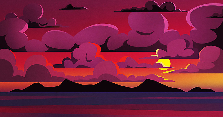 PSD 구름 백그라운드 일러스트 하늘 산 사람없음 빨간색 태양 노을 가을 저녁 밤바다 가을배경 국내일러스트 자연요소 계절 바다 컬러 야간 파일형식 가을_계절