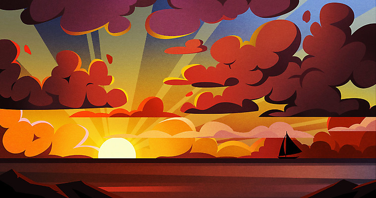 PSD 구름 바다 백그라운드 요트 일러스트 하늘 사람없음 태양 노을 주황색 국내일러스트 자연요소 컬러 배_교통 파일형식