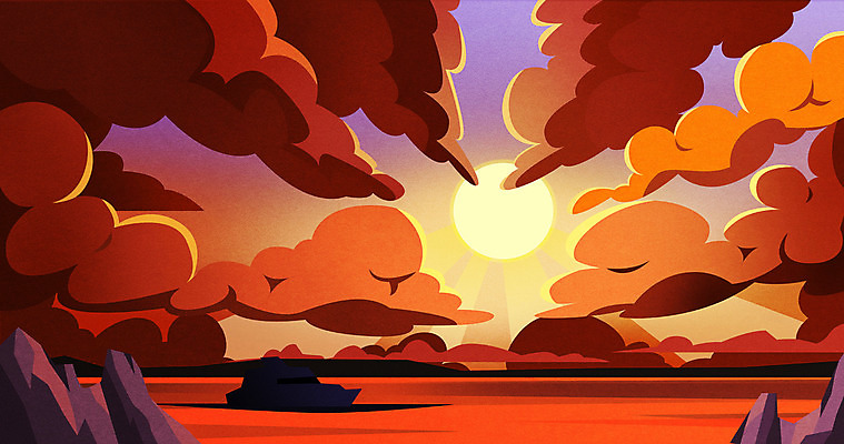 PSD 구름 바다 섬 백그라운드 일러스트 하늘 사람없음 태양 노을 주황색 바위 선박 국내일러스트 자연요소 컬러 수상교통 돌_바위 파일형식