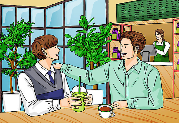 PSD 학생 여자 남자 화분 아들 커피 음료 일러스트 창문 탁자 들기 상반신 성인 세명 카페 아빠 종업원 계산대 고객 진열장 메뉴판 테이크아웃컵 부자지간 어깨에손 국내일러스트 직업 가구 가족 모션 사람 컵 상점 파일형식