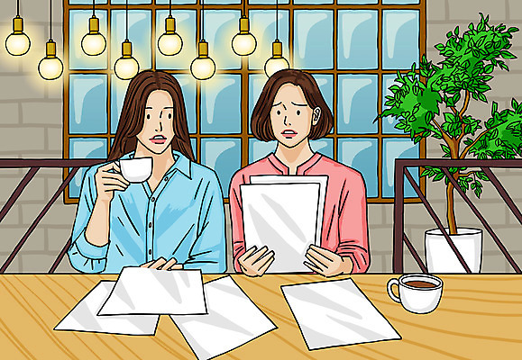 PSD 여자 화분 커피 일러스트 창문 탁자 조명 들기 상반신 성인 두명 카페 커피잔 고객 A4용지 곤란 성인여자만 국내일러스트 종이 음료 가구 모션 잔 사람 상점 여자만 성인만 파일형식