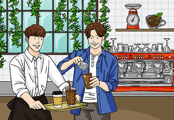 PSD 남자 일러스트 창문 선반 쟁반 저울 대화 들기 상반신 성인 두명 주방 카페 원두 커피메이커 종업원 바리스타 아메리카노 테이크아웃컵 성인남자만 국내일러스트 직업 커피 가구 모션 말하기 사람 컵 상점 커피용품 남자만 성인만 파일형식