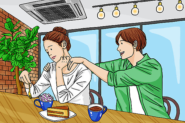 PSD 부부 커플 여자 남자 화분 커피 포크 일러스트 창문 탁자 조명 들기 앉기 상반신 성인 두명 케이크 카페 마사지 에어컨 고객 고민 위로 성인만 국내일러스트 식기 감정 음료 가구 관계 모션 디저트 사람 상점 가전제품 파일형식