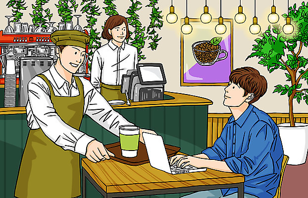 PSD 식물 여자 남자 화분 커피 액자 일러스트 탁자 조명 쟁반 들기 상반신 성인 세명 노트북 카페 업무 커피메이커 종업원 계산대 고객 직원 서빙 테이크아웃컵 성인만 국내일러스트 직업 음료 가구 모션 사람 컵 전자제품 상점 작업 커피용품 파일형식