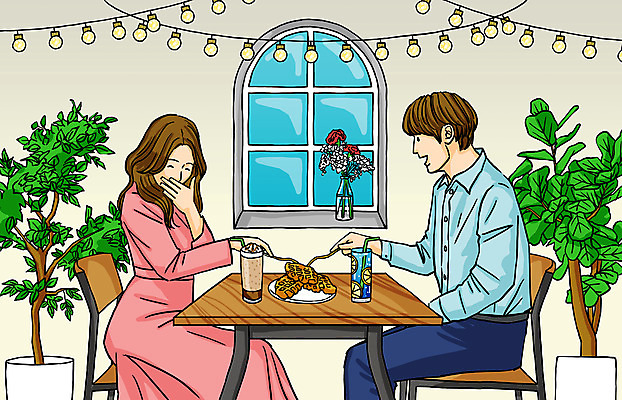 PSD 커플 여자 남자 꽃 화분 커피 데이트 일러스트 창문 탁자 조명 대화 웃음 들기 앉기 상반신 두명 카페 레모네이드 고객 와플 국내일러스트 식물 음료 가구 관계 모션 디저트 표정 말하기 사람 상점 에이드 파일형식