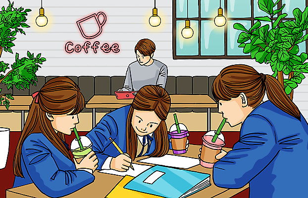 PSD 학생 여자 남자 교복 화분 음료 일러스트 창문 청소년 탁자 조명 빨대 들기 여러명 상반신 성인 책 소파 카페 기록 고객 국내일러스트 옷 가구 다수 의자 모션 사람 상점 파일형식