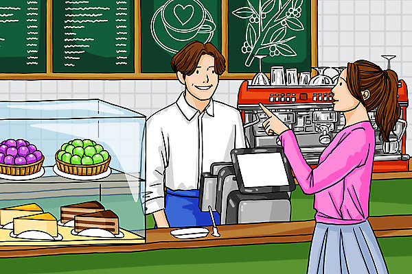 PSD 여자 남자 일러스트 서기 상반신 성인 두명 케이크 카페 가리킴 커피메이커 종업원 계산대 고객 메뉴 진열장 주문 성인만 국내일러스트 직업 모션 디저트 사람 손짓 상점 커피용품 파일형식