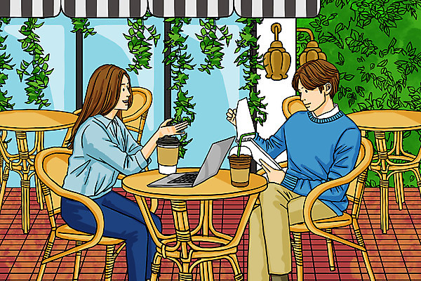 전신 PSD 식물 응시 여자 남자 커피 일러스트 탁자 조명 들기 앉기 성인 두명 노트북 카페 업무 고객 카페테라스 테이크아웃컵 성인만 국내일러스트 시선 음료 가구 모션 사람 컵 전자제품 상점 작업 파일형식