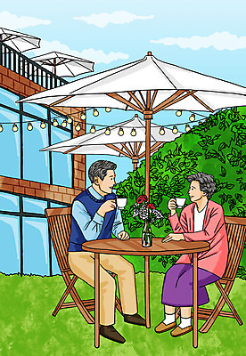 전신 PSD 구름 여자 남자 꽃 커피 데이트 일러스트 탁자 휴식 조명 들기 앉기 야외 두명 노부부 파라솔 커피잔 고객 노천카페 노인만 국내일러스트 자연요소 식물 부부 음료 가구 컨셉 모션 잔 사람 카페 성인만 파일형식