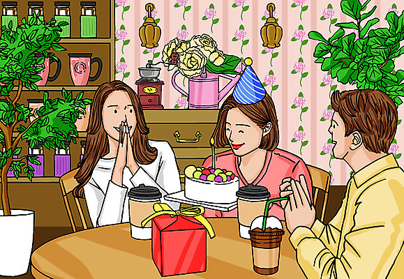 PSD 여자 남자 꽃 화분 일러스트 선물 미소 웃음 들기 앉기 상반신 성인 세명 친구 케이크 카페 축하 생일파티 박수 고객 진열장 텀블러 테이크아웃컵 성인만 국내일러스트 식물 컨셉 관계 모션 디저트 표정 사람 손짓 컵 상점 생일 파일형식