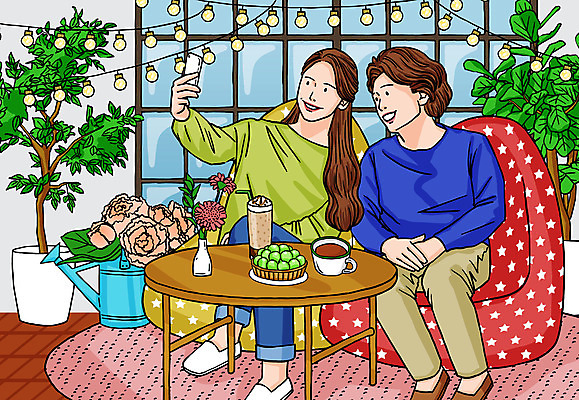 전신 PSD 여자 꽃 딸 화분 커피 의자 일러스트 창문 가족 탁자 모녀 엄마 조명 들기 앉기 성인 두명 스마트폰 케이크 카펫 카페 셀프카메라 고객 알전구 성인여자만 국내일러스트 식물 음료 가구 전구 관계 모션 디저트 사람 핸드폰 스마트기기 상점 사진촬영 여자만 성인만 파일형식