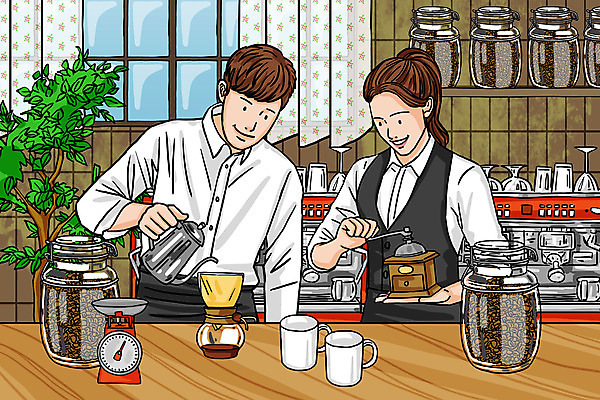 PSD 여자 남자 화분 일러스트 창문 주전자 유리병 선반 저울 들기 상반신 성인 두명 주방 카페 머그컵 원두 커피메이커 바리스타 그라인더 핸드드립 성인만 국내일러스트 직업 커피 가구 모션 주방용품 병_용기 사람 컵 상점 커피용품 파일형식