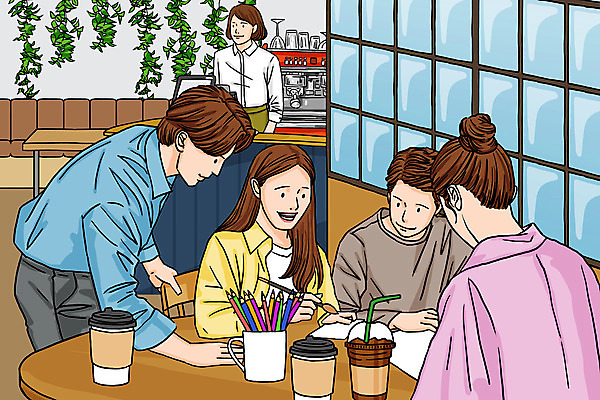 PSD 식물 학생 여자 남자 종이 커피 일러스트 창문 탁자 색연필 미술 서기 들기 앉기 여러명 상반신 성인 취미 교사 카페 모임 머그컵 붓 종업원 고객 미술교육 클래스 테이크아웃컵 성인만 국내일러스트 직업 교육 음료 가구 다수 모션 문화예술 학용품 사람 컵 상점 파일형식