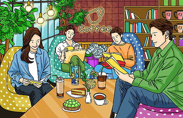 전신 PSD 여자 남자 화분 커피 쿠션 의자 일러스트 창문 탁자 조명 책장 들기 앉기 여러명 성인 책 독서 케이크 카페 모임 레모네이드 고객 테이크아웃컵 성인만 독서모임 국내일러스트 음료 가구 다수 모션 디저트 사람 컵 상점 에이드 파일형식