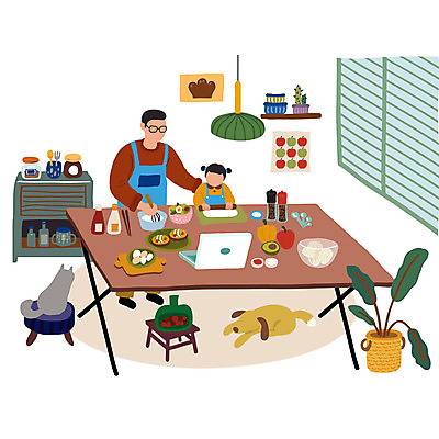 여자 남자 딸 화분 어린이 두마리 일러스트 식재료 창문 탁자 모바일 조명 요리 들기 소녀 상반신 성인 취미 두명 노트북 고양이 앞치마 아빠 강아지 반려 온라인강의 집콕 레이어드홈 국내일러스트 AI파일 가구 2 포유류 가족 모션 사람 전자제품 반려동물 개 강의 신조어 파일형식 벡터 앳홈라이프 언택트