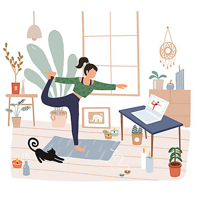 전신 한마리 여자 화분 일러스트 요가 창문 탁자 모바일 전등 성인 취미 두명 노트북 고양이 요가자세 매트 반려 온라인강의 드림캐쳐 성인여자만 홈트레이닝 집콕 오하운 레이어드홈 국내일러스트 AI파일 1 웰빙 포즈 가구 포유류 조명 사람 장식 전자제품 반려동물 운동 강의 신조어 여자만 성인만 파일형식 벡터 앳홈라이프 언택트