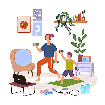 전신 식물 여자 남자 화분 아들 어린이 일러스트 탁자 엄마 모바일 들기 소년 성인 취미 두명 노트북 운동복 소파 운동 아령 매트 짐볼 줄넘기 온라인강의 집콕 레이어드홈 국내일러스트 AI파일 모자관계 옷 가구 의자 가족 모션 건강 사람 전자제품 강의 신조어 파일형식 벡터 앳홈라이프 언택트