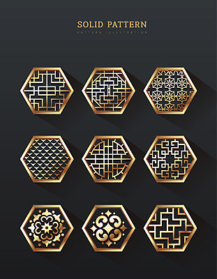 패턴 일러스트 사람없음 세트 전통문양 금색 입체 육각형 국내일러스트 AI파일 도형 전통 문양 컬러 무늬 파일형식 벡터