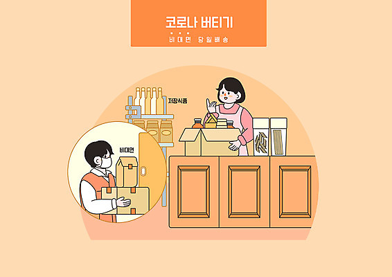 PSD 여자 남자 음식 일러스트 모바일 들기 상반신 성인 두명 주황색 택배기사 배송 저장 주부 조리대 택배상자 저장식품 퀵 성인만 코로나바이러스 당일배송 비대면서비스 포스트코로나 델타변이바이러스 위드코로나 국내일러스트 컬러 모션 사람 상자 바이러스 배달원 사회이슈 서비스 택배 퀵서비스 파일형식 언택트