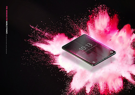 PSD 편집이미지 분홍색 사람없음 스마트폰 시간 폭발 가루 더스트파티클 흩어짐 이미지편집 컬러 컨셉 핸드폰 스마트기기 파일형식