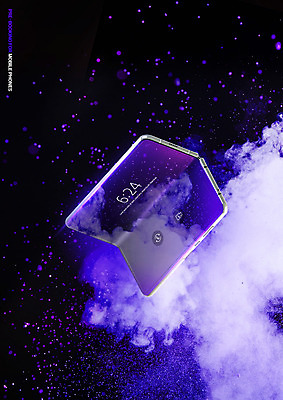 PSD 편집이미지 사람없음 스마트폰 보라색 시간 폭발 가루 더스트파티클 흩어짐 이미지편집 컬러 컨셉 핸드폰 스마트기기 파일형식