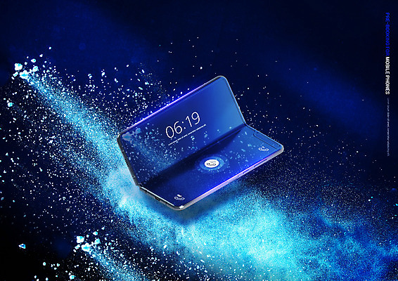 PSD 편집이미지 사람없음 파란색 스마트폰 시간 폭발 가루 더스트파티클 흩어짐 이미지편집 컬러 컨셉 핸드폰 스마트기기 파일형식