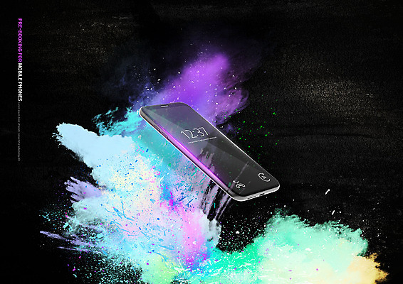 PSD 편집이미지 사람없음 스마트폰 컬러풀 시간 폭발 가루 더스트파티클 흩어짐 이미지편집 컬러 컨셉 핸드폰 스마트기기 파일형식