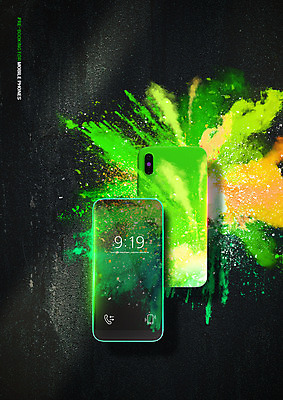 PSD 편집이미지 사람없음 연두색 스마트폰 시간 폭발 가루 뒷면 더스트파티클 흩어짐 이미지편집 컨셉 초록색 핸드폰 스마트기기 파일형식