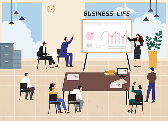 전신 여자 남자 일러스트 회사 회의 서기 앉기 여러명 성인 비즈니스라이프 노란색 손들기 가리킴 직장인 비즈니스맨 비즈니스우먼 발표 책상 회의실 얼굴없음 성인만 국내일러스트 AI파일 직업 라이프스타일 컬러 가구 다수 비즈니스 모션 사람 손짓 파일형식 벡터