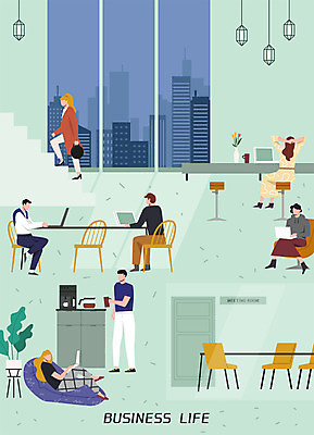 전신 여자 남자 커피 일러스트 서기 앉기 여러명 성인 연두색 비즈니스라이프 사무실 자유 업무 비즈니스맨 비즈니스우먼 야간 얼굴없음 성인만 코워킹스페이스 국내일러스트 AI파일 자연요소 라이프스타일 음료 다수 컨셉 비즈니스 모션 사람 초록색 작업 직장인 파일형식 벡터 공유경제