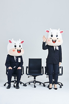 포토 JPG 스튜디오촬영 전신 응시 여자 남자 40대 중년 의자 비즈니스 회색배경 새해 실내 서기 앉기 정장 20대 성인 두명 앞모습 손들기 한국인 소띠 비즈니스맨 비즈니스우먼 소 면접 취업준비생 소캐릭터 동물탈 인형탈 2021년 신축년 국내포토 시선 옷 뷰포인트 동물캐릭터 가구 백그라운드 포유류 모션 사람 동양인 청년 내부 회색 구직 십이지신 직장인 연도 탈 파일형식