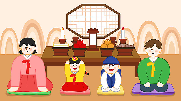 전신 여자 남자 어린이 일러스트 초 가족 새해 방석 소녀 소년 여러명 성인 절 한복 제사 전통문 제사상 국내일러스트 AI파일 한국전통 다수 관계 사람 문 인사 전통의상 전통의례 파일형식 벡터