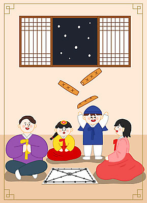 전신 여자 남자 어린이 일러스트 가족 새해 서기 앉기 소녀 소년 여러명 성인 설날 던지기 윷놀이 한복 전통문 국내일러스트 AI파일 한국전통 명절 다수 관계 모션 사람 문 전통놀이 전통의상 파일형식 벡터