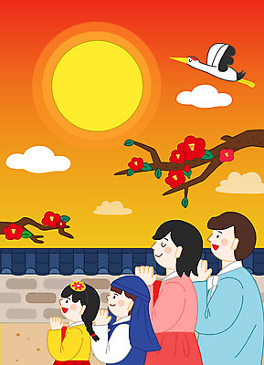 한마리 여자 남자 어린이 일러스트 가족 새해 소녀 소년 여러명 상반신 성인 설날 태양 노을 학 기도 나뭇가지 한복 손모으기 동백 기와담장 국내일러스트 AI파일 자연요소 나무 1 한국전통 명절 꽃 다수 관계 조류 기와 사람 손짓 담장 전통의상 파일형식 벡터