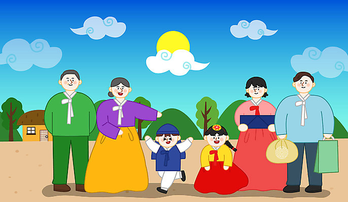 전신 구름 여자 할아버지 노년 남자 할머니 어린이 일러스트 가족 새해 초가집 서기 들기 소녀 소년 여러명 성인 설날 달리기 태양 한복 보따리 고향 명절선물 국내일러스트 AI파일 자연요소 한국전통 명절 다수 관계 모션 한옥 선물 사람 전통의상 파일형식 벡터