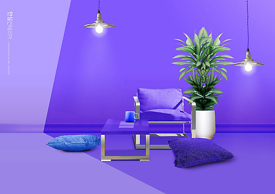 PSD 식물 편집이미지 화분 쿠션 의자 탁자 조명 사람없음 인테리어 보라색 머그컵 이미지편집 디자인 컬러 가구 컵 파일형식