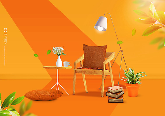 PSD 편집이미지 화분 쿠션 잎 탁자 사람없음 책 인테리어 꽃병 주황색 스탠드 나무의자 이미지편집 식물 디자인 꽃 컬러 가구 의자 조명 목재 파일형식