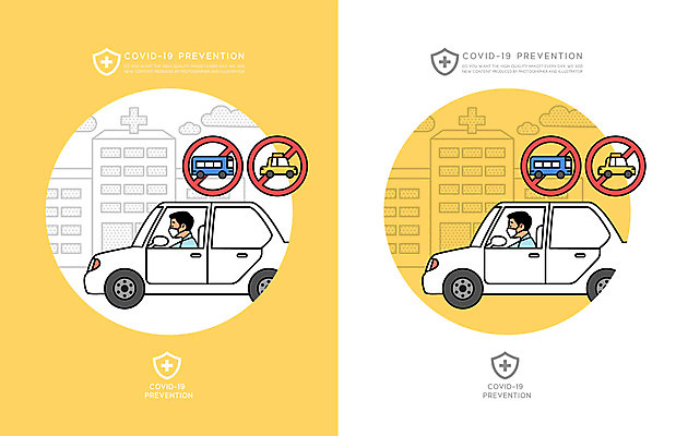 남자 일러스트 자동차 대중교통 병원 마스크 상반신 성인 두명 노란색 운전 금지 바이러스 성인남자만 코로나바이러스 감염예방 델타변이바이러스 국내일러스트 AI파일 육상교통 교통수단 컬러 의학 모션 사람 사회이슈 예방 감염 남자만 성인만 파일형식 벡터