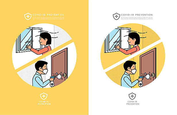 여자 남자 일러스트 창문 마스크 들기 여러명 상반신 성인 노란색 문 소독 소독제 환기 성인만 코로나바이러스 감염예방 델타변이바이러스 국내일러스트 AI파일 컬러 다수 모션 사람 바이러스 사회이슈 예방 감염 파일형식 벡터