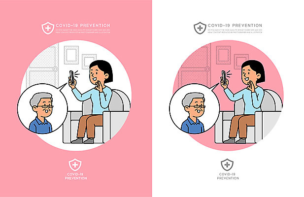 전신 여자 노년 남자 분홍색 일러스트 들기 앉기 여러명 상반신 성인 스마트폰 소파 손인사 영상통화 코로나바이러스 감염예방 델타변이바이러스 국내일러스트 AI파일 컬러 다수 의자 모션 사람 핸드폰 스마트기기 인사 바이러스 사회이슈 예방 감염 통화 파일형식 벡터