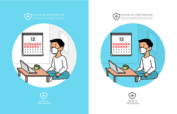 전신 남자 하늘색 일러스트 탁자 마스크 앉기 성인 두명 노트북 달력 성인남자만 코로나바이러스 자가격리 감염예방 델타변이바이러스 국내일러스트 AI파일 가구 모션 사람 파란색 전자제품 바이러스 사회이슈 예방 감염 남자만 성인만 파일형식 벡터 격리