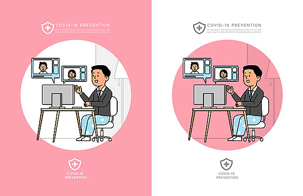 전신 여자 남자 분홍색 의자 일러스트 앉기 여러명 상반신 성인 모니터 직장인 책상 재택근무 화상통화 성인만 코로나바이러스 감염예방 델타변이바이러스 국내일러스트 AI파일 직업 컬러 가구 다수 비즈니스 모션 사람 컴퓨터 바이러스 사회이슈 예방 감염 통화 파일형식 벡터
