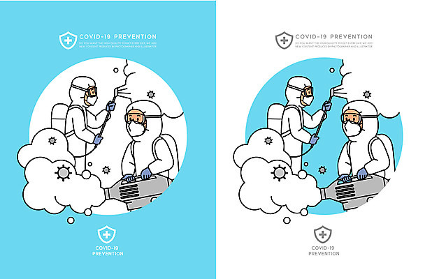 남자 하늘색 일러스트 마스크 들기 여러명 상반신 성인 방역 소독 성인남자만 코로나바이러스 방역복 방역사 감염예방 방역기 델타변이바이러스 국내일러스트 AI파일 직업 옷 다수 모션 사람 파란색 바이러스 사회이슈 예방 감염 남자만 성인만 파일형식 벡터
