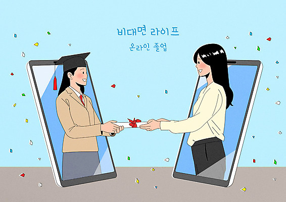 PSD 학생 여자 일러스트 학사모 졸업 청소년 모바일 상반신 성인 두명 스마트폰 교사 졸업장 주기 온라인 여자만 코로나바이러스 포스트코로나 언택트 델타변이바이러스 위드코로나 국내일러스트 직업 모자_잡화 교육 모션 사람 핸드폰 스마트기기 바이러스 사회이슈 파일형식