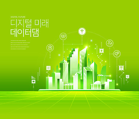 PSD 편집이미지 미래 사람없음 연두색 스마트폰 디지털 고층빌딩 도시 스마트 IT산업 4차산업 데이터댐 미래산업 이미지편집 산업 컨셉 정보기술 빌딩 초록색 핸드폰 스마트기기 파일형식 빅데이터