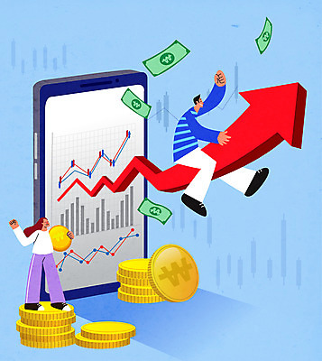 전신 여자 남자 화살표 하늘색 지폐 일러스트 그래프 들기 성인 두명 스마트폰 동전 주식 막대그래프 꺾은선그래프 주가상승 투자자 성인만 주린이 국내일러스트 AI파일 돈 모션 사람 금융 파란색 핸드폰 스마트기기 투자 상승 신조어 파일형식 벡터