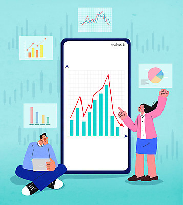 전신 여자 남자 화살표 하늘색 일러스트 그래프 서기 들기 앉기 성인 두명 스마트폰 태블릿 기쁨 슬픔 가리킴 주식 주가상승 주가하락 투자자 성인만 주린이 국내일러스트 AI파일 감정 모션 사람 손짓 금융 파란색 전자제품 핸드폰 스마트기기 하락 투자 상승 신조어 파일형식 벡터