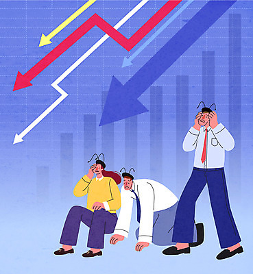 전신 여자 남자 화살표 일러스트 그래프 서기 앉기 성인 세명 좌절 주식 남색 주가하락 투자자 성인만 주린이 주저앉기 국내일러스트 AI파일 감정 컬러 컨셉 모션 사람 금융 하락 투자 신조어 파일형식 벡터