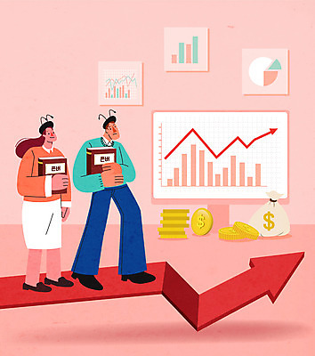 전신 여자 남자 화살표 분홍색 돈 일러스트 그래프 서기 들기 성인 두명 책 모니터 동전 돈자루 주식 주가 주식표 투자자 성인만 존버 주린이 국내일러스트 AI파일 컬러 모션 사람 금융 컴퓨터 재산 투자 신조어 약어 파일형식 벡터